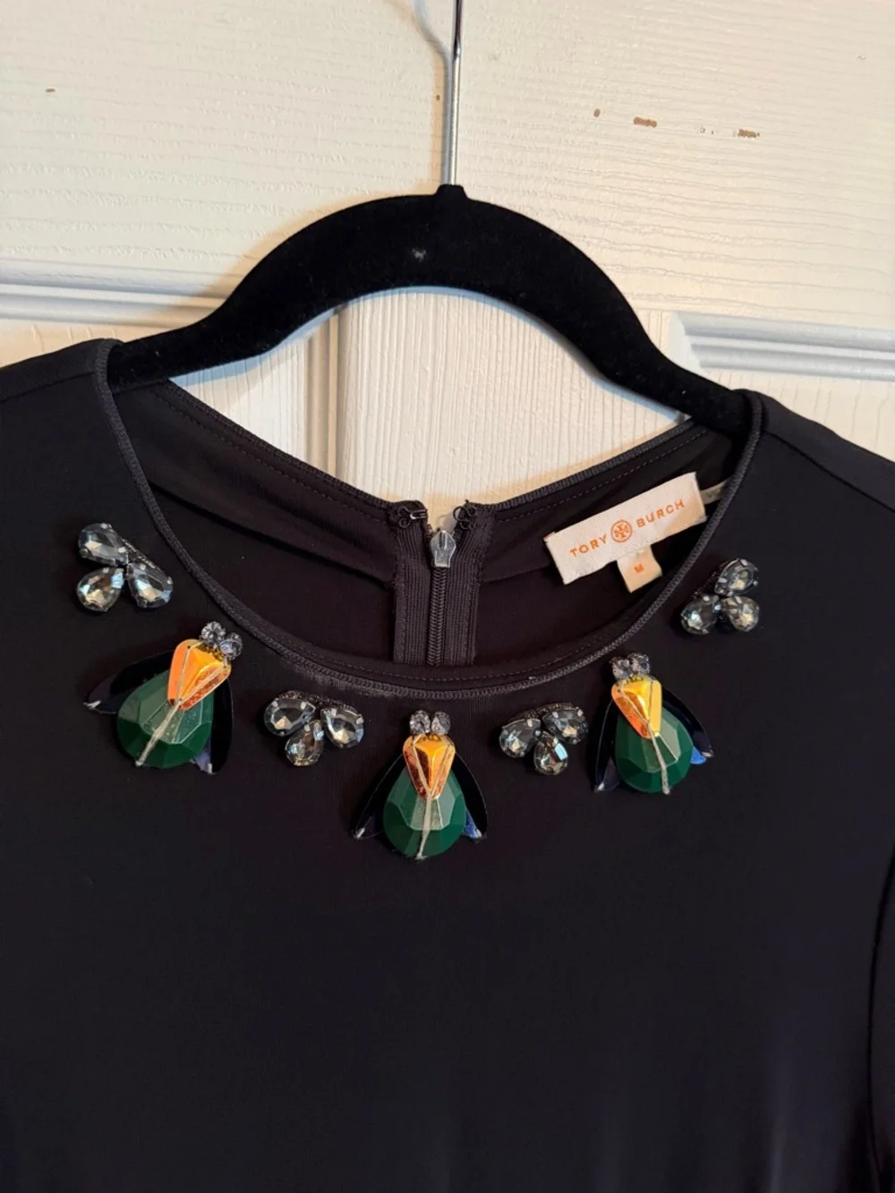 Tory Burch Black Long-Sleeve Dress with Green Jewel Neckline M